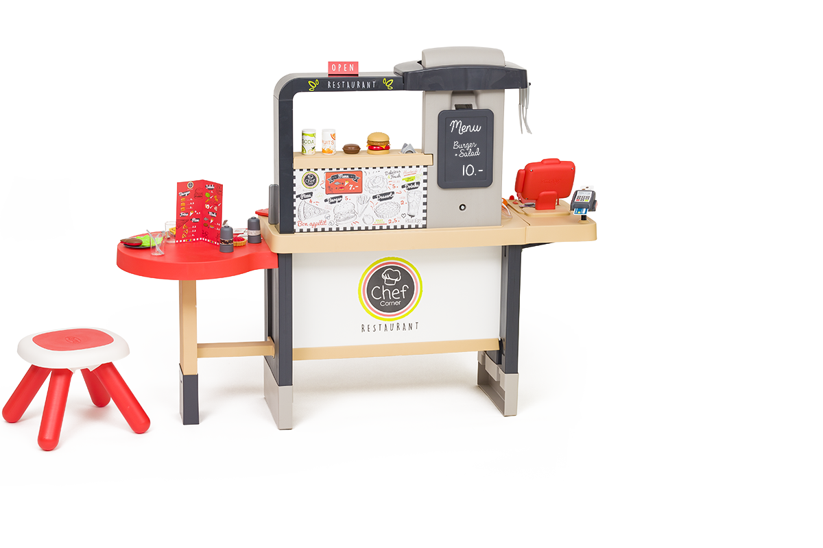 Ресторант с електронна кухня Chef Corner Restaurant Smoby двустранна с течаща вода и специалитети регулируема по височина 70 аксесоари