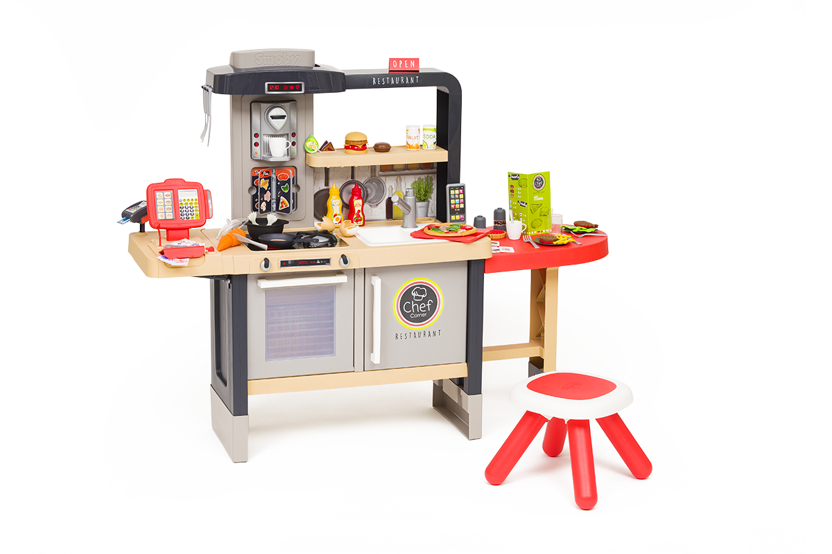 Ресторант с електронна кухня Chef Corner Restaurant Smoby двустранна с течаща вода и специалитети регулируема по височина 70 аксесоари